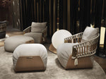Load image into Gallery viewer, Nicchia chairs in cream and charcoal linen — paired styling — showroom setting — Minosé
