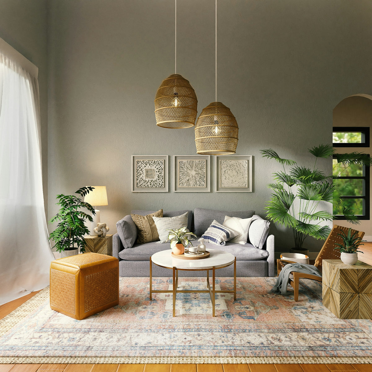 Modern italian inspired luxury living room with warm wood tones and layered textiles