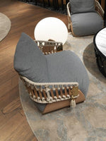 Load image into Gallery viewer, Nicchia lounge chair charcoal linen — interior styling with decorative sphere — Minosé
