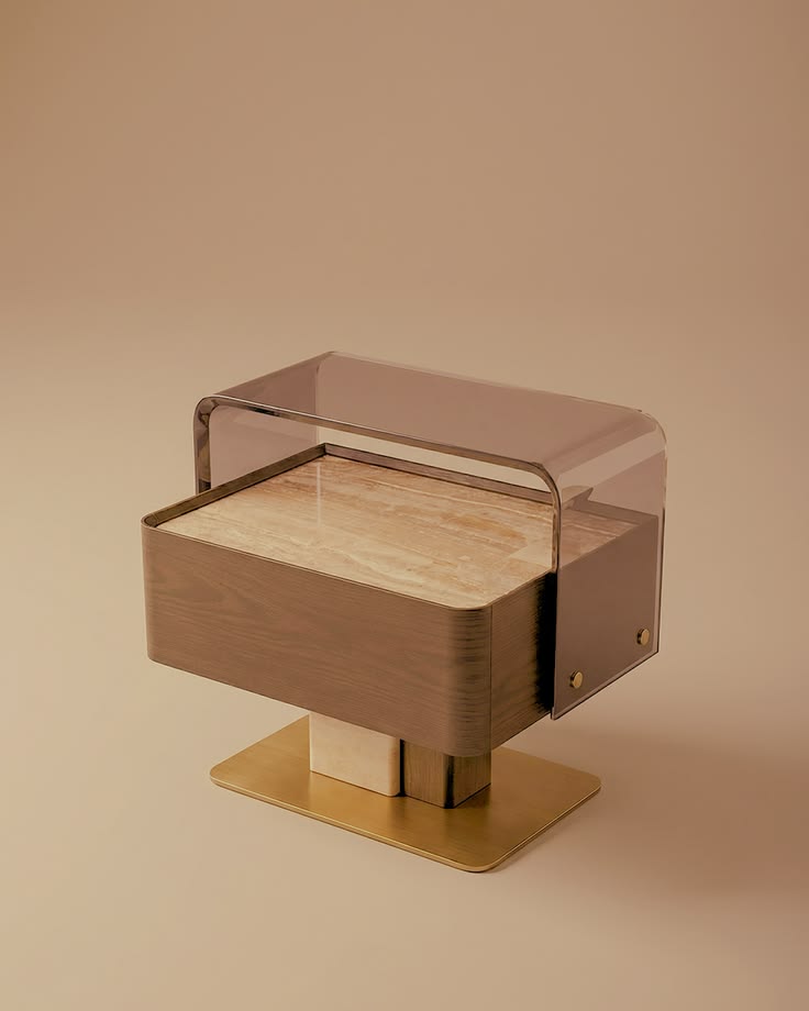Luxury bedside table with smoked acrylic frame, marble top, and wood finish by Minosé