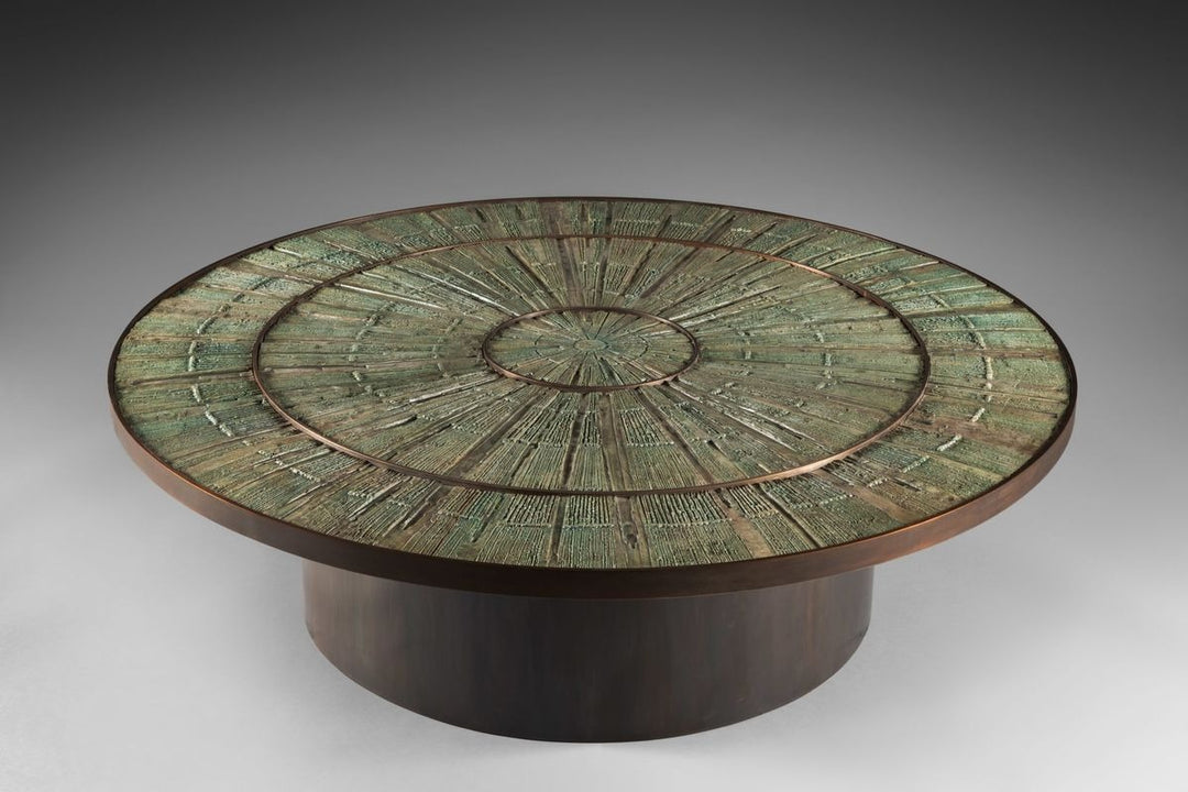 Luxury sculptural round center table with textured green artistic tabletop by Minosé